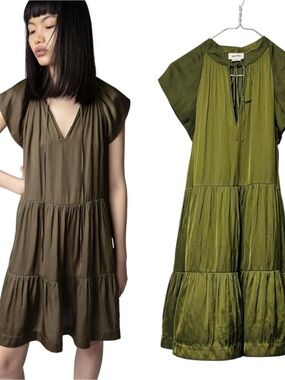 Zadig & Voltaire Rito Satin Babydoll Dress in Olive Green Womens Size Medium